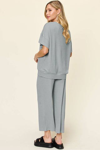 Double Take Full Size Texture Round Neck Short Sleeve T-Shirt and Wide Leg Pants - 1985 the VAULT Boutique