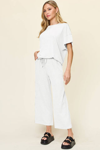 Double Take Full Size Texture Round Neck Short Sleeve T-Shirt and Wide Leg Pants - 1985 the VAULT Boutique