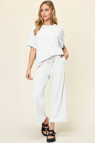 Double Take Full Size Texture Round Neck Short Sleeve T-Shirt and Wide Leg Pants - 1985 the VAULT Boutique