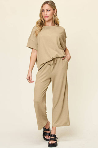 Double Take Full Size Texture Round Neck Short Sleeve T-Shirt and Wide Leg Pants - 1985 the VAULT Boutique