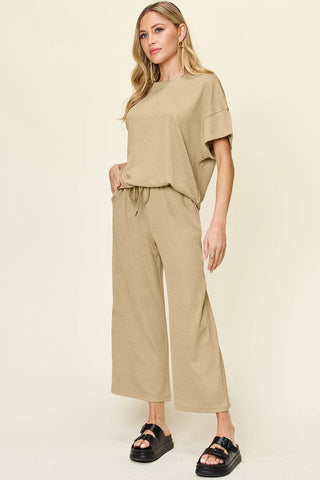 Double Take Full Size Texture Round Neck Short Sleeve T-Shirt and Wide Leg Pants - 1985 the VAULT Boutique