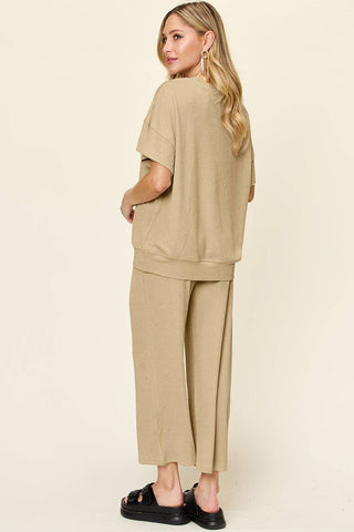 Double Take Full Size Texture Round Neck Short Sleeve T-Shirt and Wide Leg Pants - 1985 the VAULT Boutique