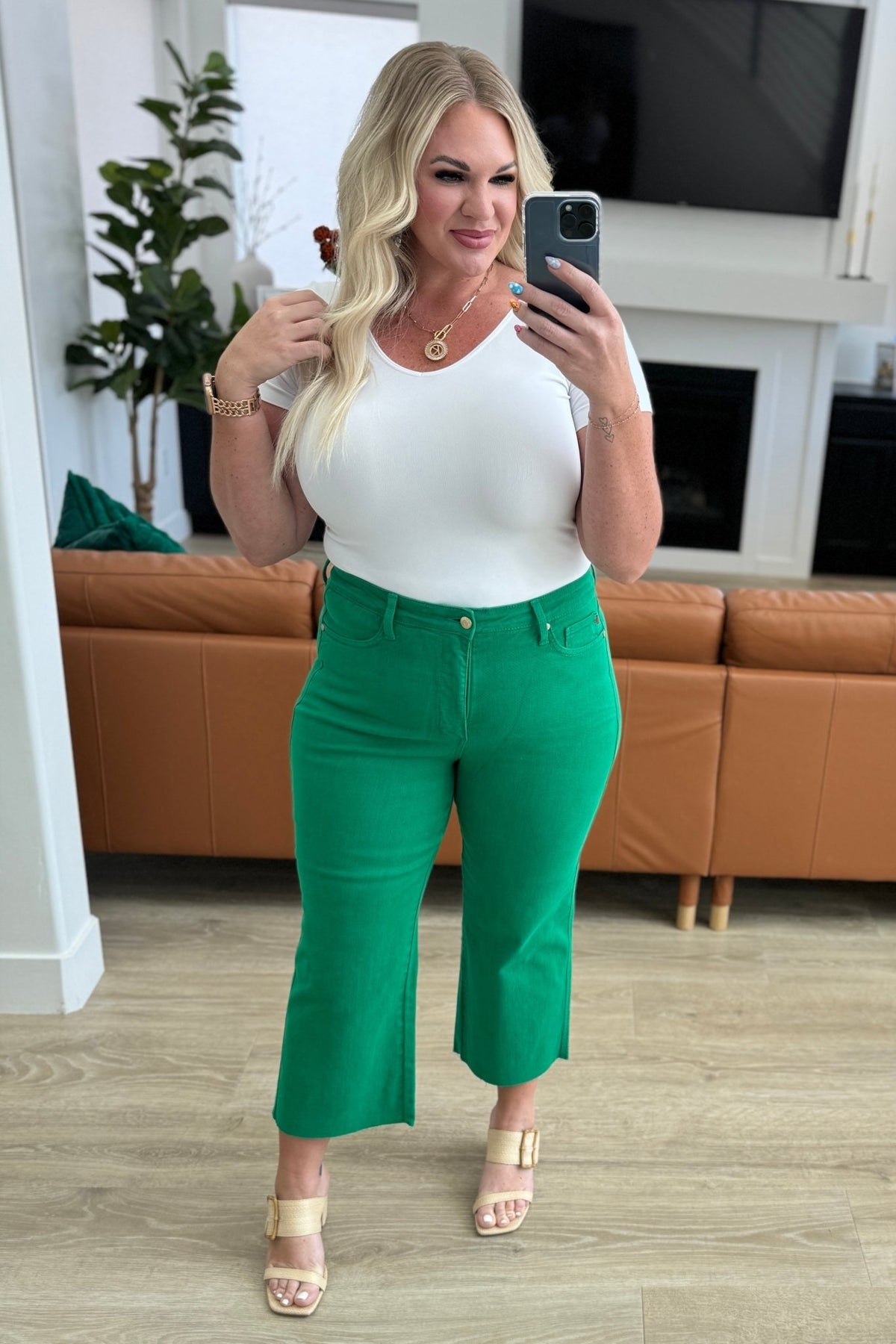 Lisa High Rise Control Top Wide Leg Crop Jeans in Kelly Green - Happily Ever Atchison Shop Co.