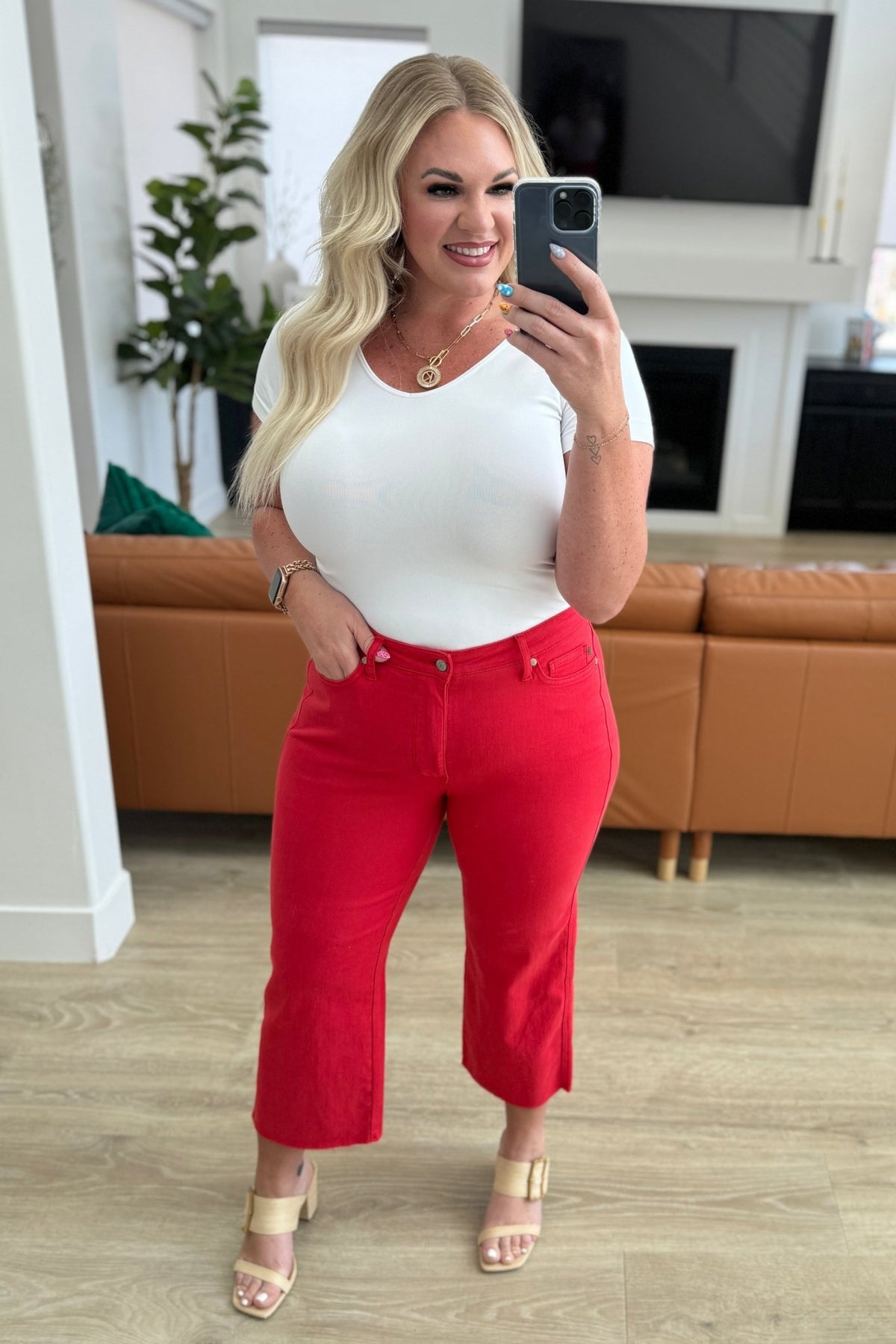 Lisa High Rise Control Top Wide Leg Crop Jeans in Red - Happily Ever Atchison Shop Co.