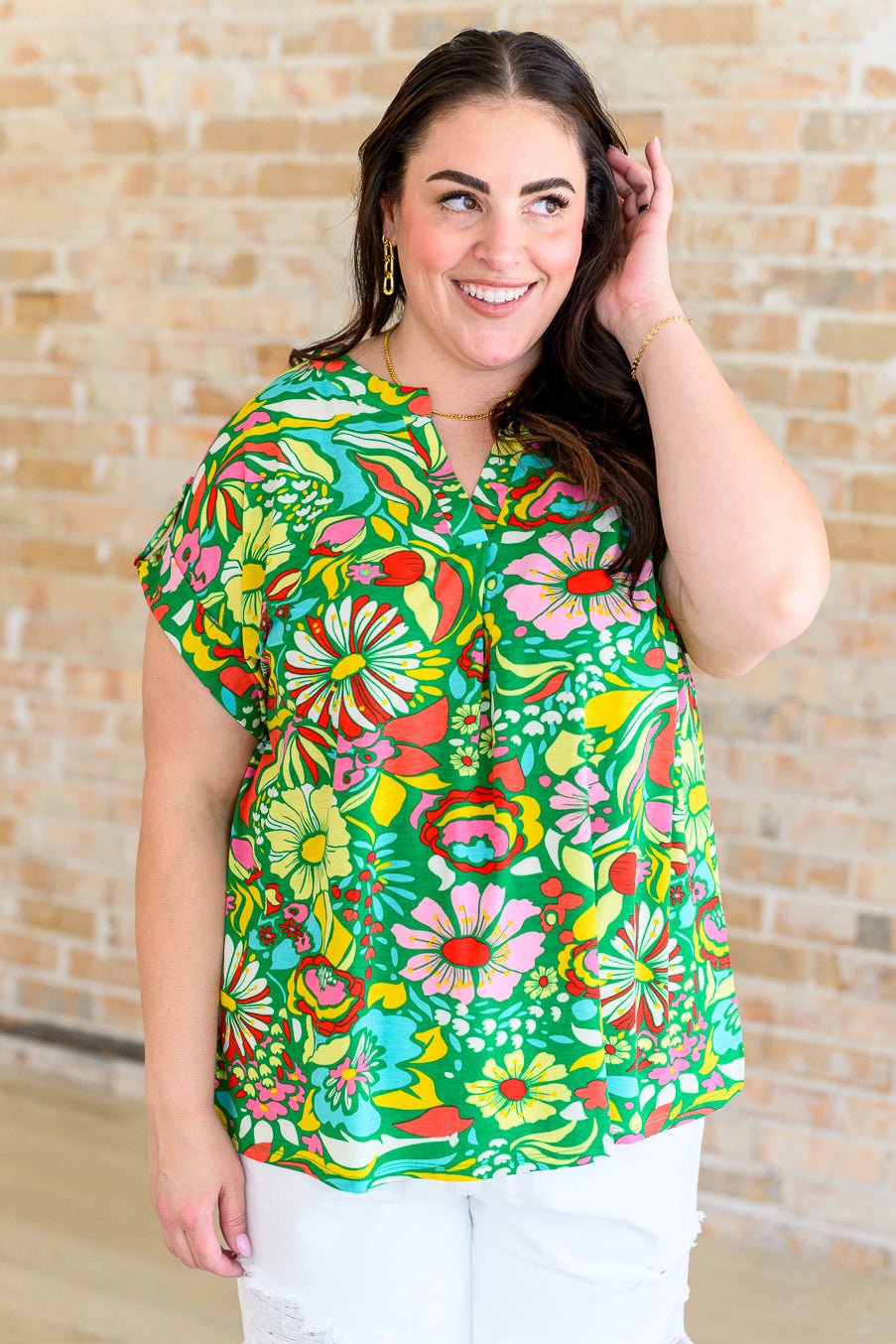 Lizzy Cap Sleeve Top in Retro Green Floral - Happily Ever Atchison Shop Co.