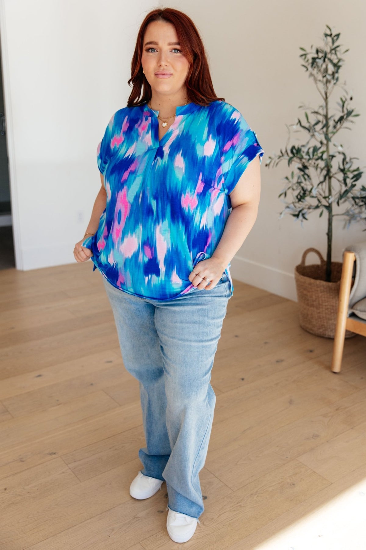 Lizzy Cap Sleeve Top in Royal Brush Strokes - Happily Ever Atchison Shop Co.