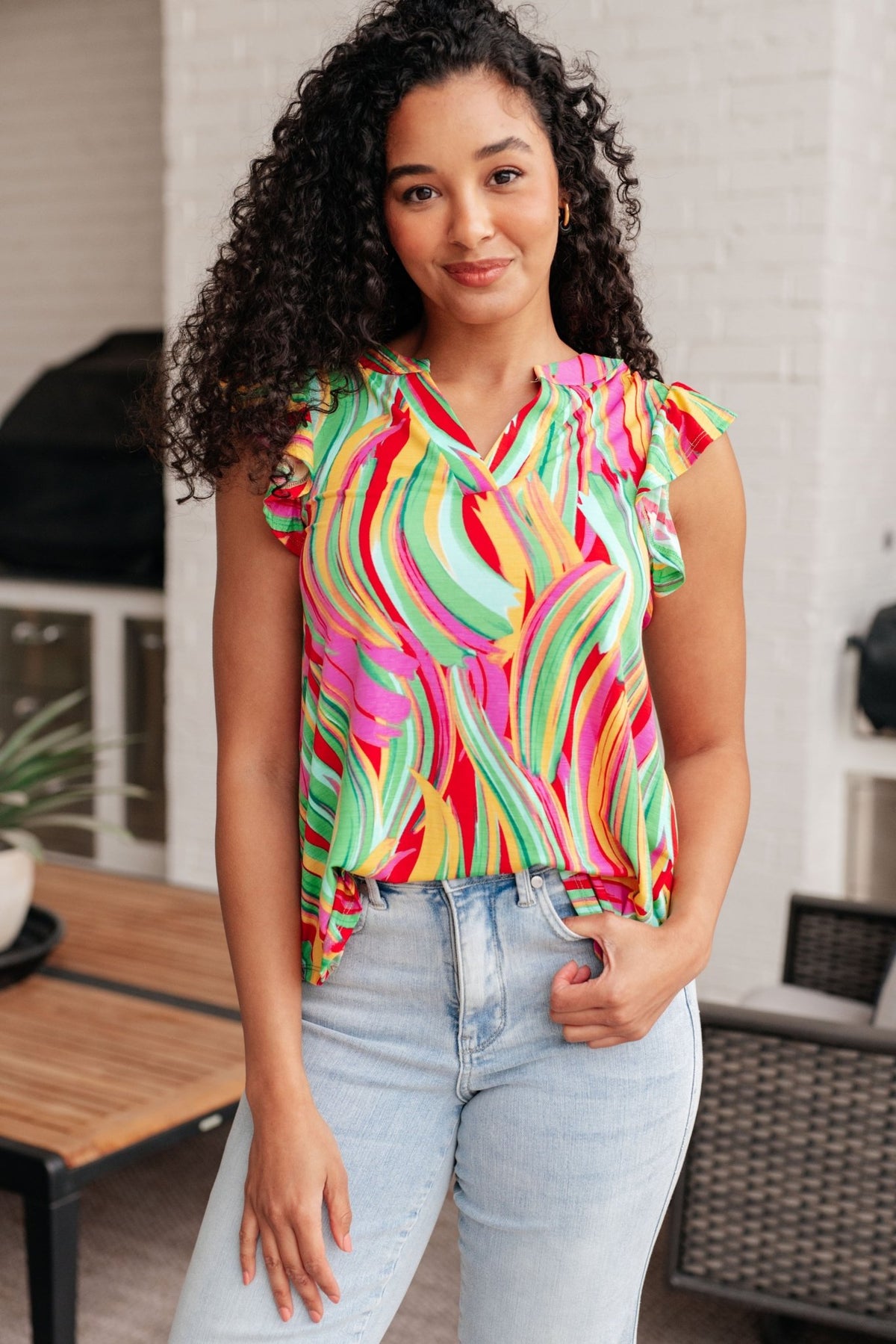 Lizzy Flutter Sleeve Top in Green Multi Abstract Stripe - Happily Ever Atchison Shop Co.