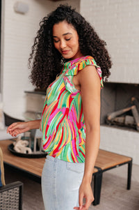 Lizzy Flutter Sleeve Top in Green Multi Abstract Stripe - Happily Ever Atchison Shop Co.