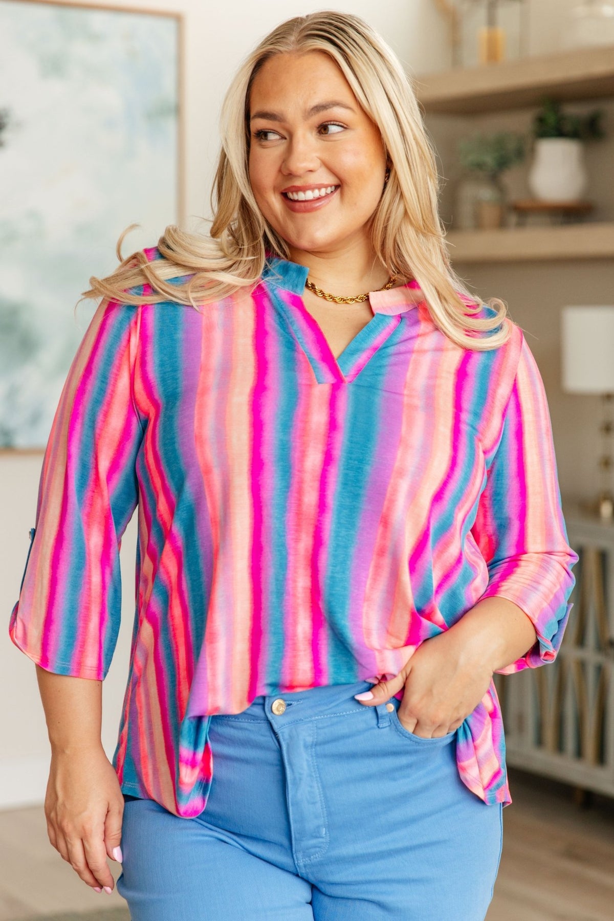 Lizzy Top in Blue and Pink Stripe - Happily Ever Atchison Shop Co.