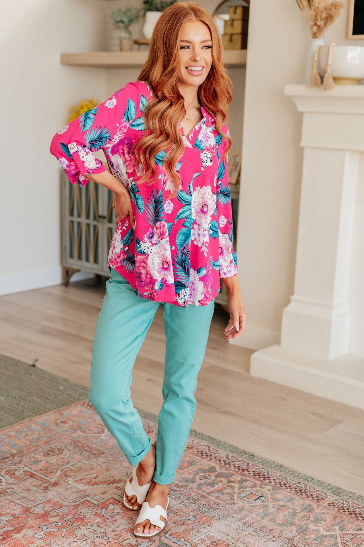 Lizzy Top in Magenta and Teal Tropical Floral - Happily Ever Atchison Shop Co.