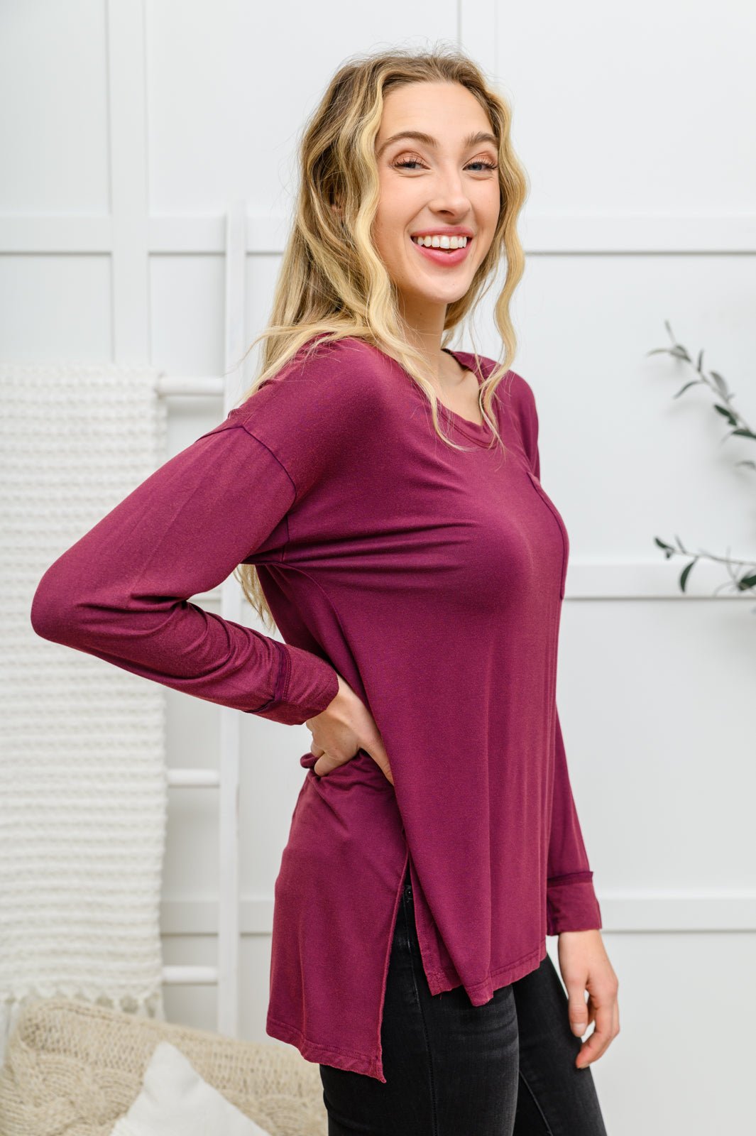 Long Sleeve Knit Top With Pocket In Burgundy - Happily Ever Atchison Shop Co.