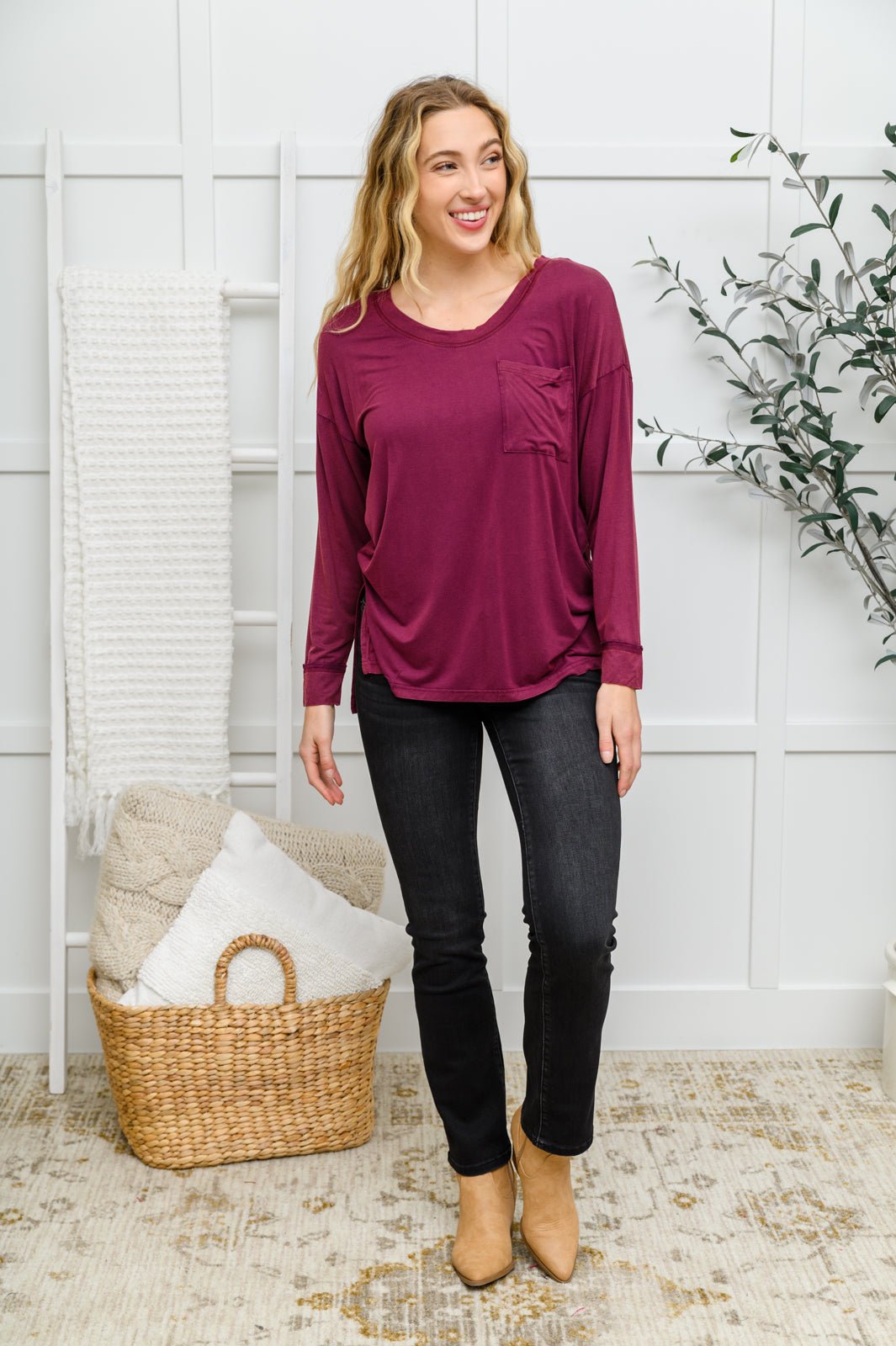 Long Sleeve Knit Top With Pocket In Burgundy - Happily Ever Atchison Shop Co.