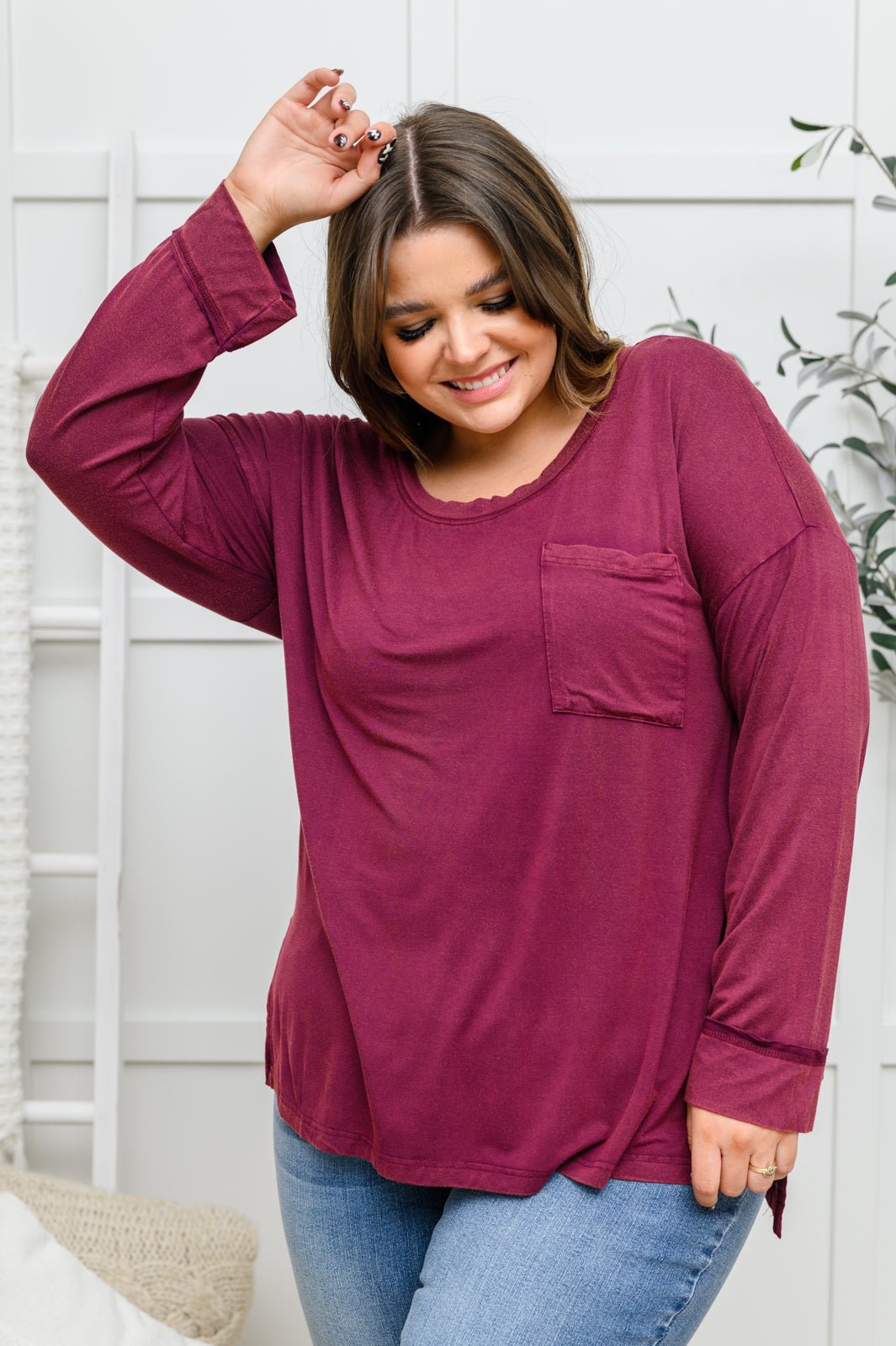 Long Sleeve Knit Top With Pocket In Burgundy - Happily Ever Atchison Shop Co.