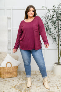 Long Sleeve Knit Top With Pocket In Burgundy - Happily Ever Atchison Shop Co.