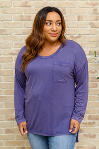 Long Sleeve Knit Top With Pocket In Denim Blue - Happily Ever Atchison Shop Co.