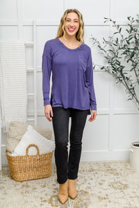 Long Sleeve Knit Top With Pocket In Denim Blue - Happily Ever Atchison Shop Co.