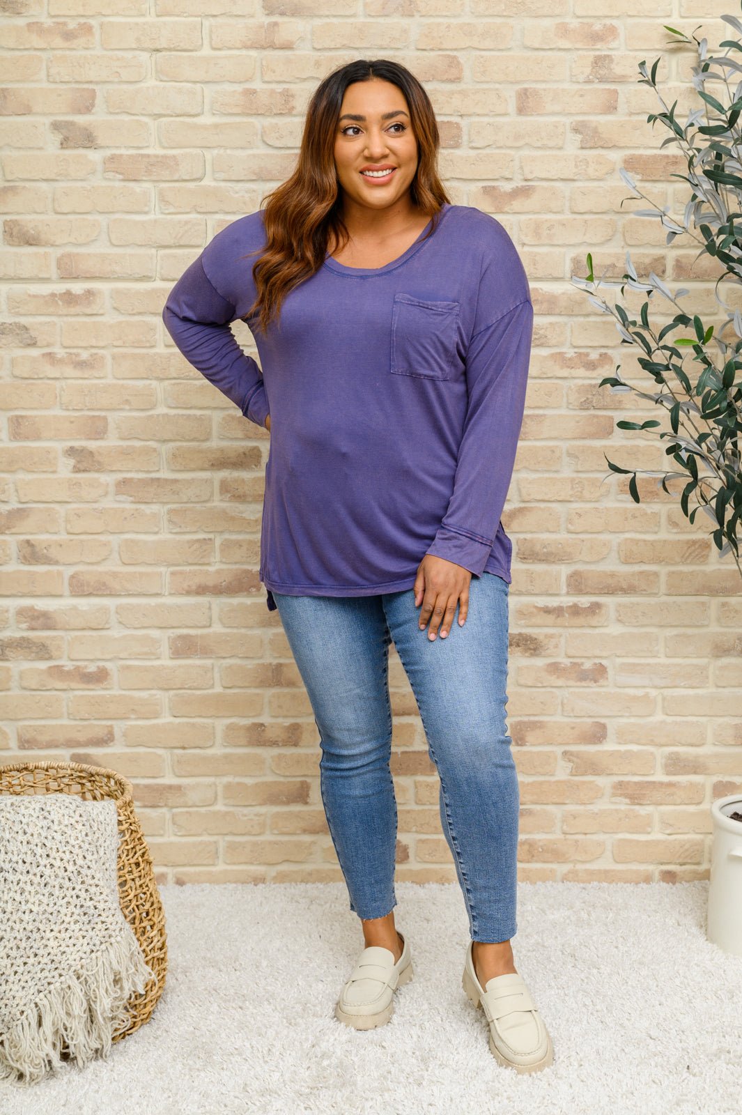 Long Sleeve Knit Top With Pocket In Denim Blue - Happily Ever Atchison Shop Co.