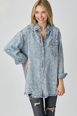 RISEN Distressed Raw Hem Denim Shirt - 1985 the VAULT Boutique