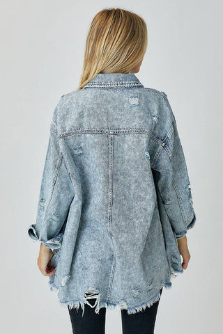 RISEN Distressed Raw Hem Denim Shirt - 1985 the VAULT Boutique