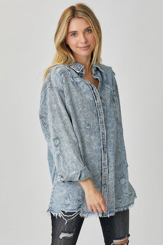 RISEN Distressed Raw Hem Denim Shirt - 1985 the VAULT Boutique