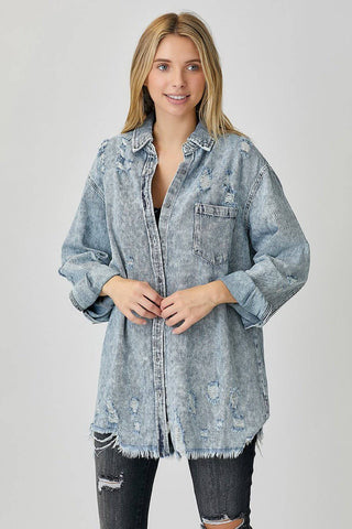 RISEN Distressed Raw Hem Denim Shirt - 1985 the VAULT Boutique