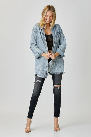 RISEN Distressed Raw Hem Denim Shirt - 1985 the VAULT Boutique