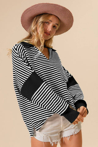 BiBi Striped Contrast Long Sleeve Knit Top - 1985 the VAULT Boutique