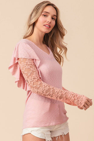 BiBi Ruffled Lace Sleeve Rib Knit Top - 1985 the VAULT Boutique