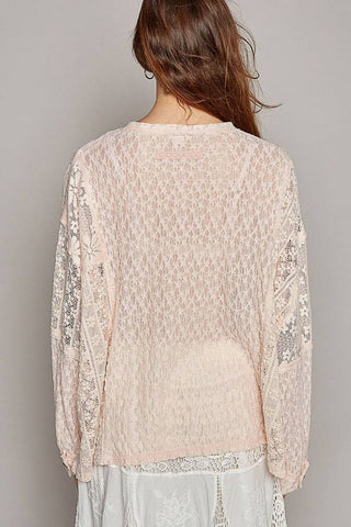 POL Round Neck Long Sleeve Raw Edge Lace Top - 1985 the VAULT Boutique