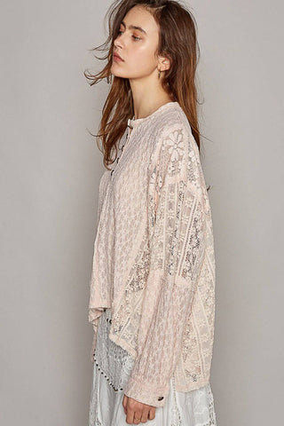 POL Round Neck Long Sleeve Raw Edge Lace Top - 1985 the VAULT Boutique