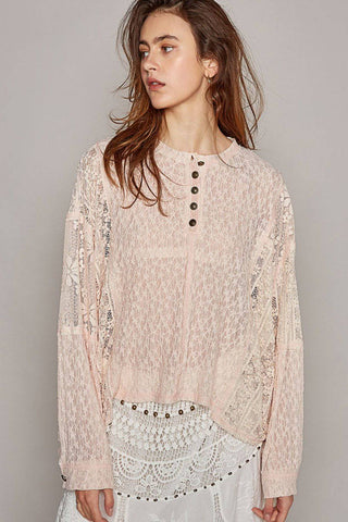 POL Round Neck Long Sleeve Raw Edge Lace Top - 1985 the VAULT Boutique