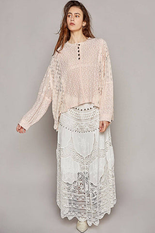 POL Round Neck Long Sleeve Raw Edge Lace Top - 1985 the VAULT Boutique