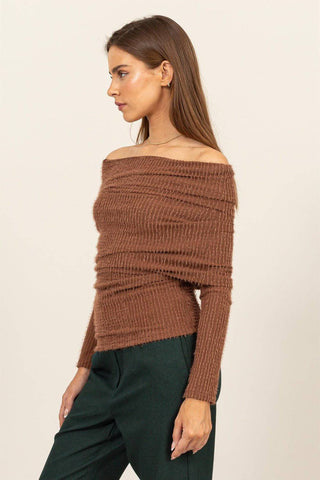 HYFVE Fuzzy Off Shoulder Textured Knit Top - 1985 the VAULT Boutique