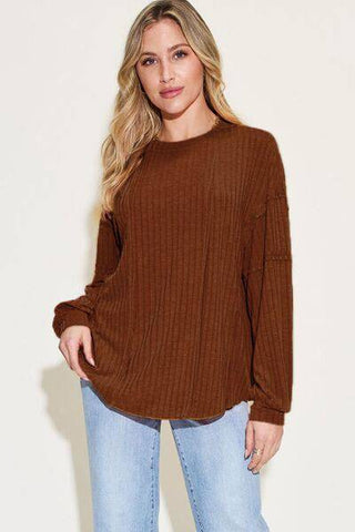 Basic Bae Full Size Ribbed Round Neck Long Sleeve T-Shirt - 1985 the VAULT Boutique