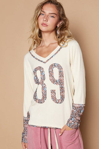 POL V-Neck Long Sleeve Floral Number Patch T-Shirt - 1985 the VAULT Boutique