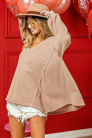 BiBi V-Neck Waffle Uneven Hem Top - 1985 the VAULT Boutique