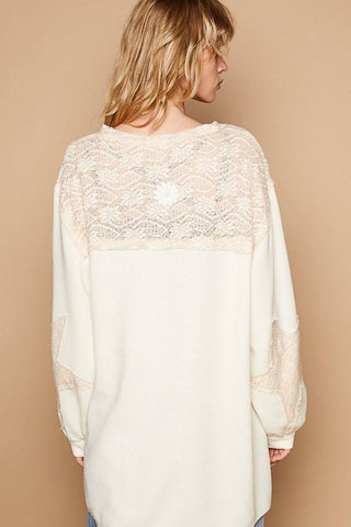 POL Round Neck Long Sleeve Crochet Patches Top - 1985 the VAULT Boutique