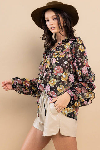 Ces Femme Ruffle Trim Long Sleeve Floral Blouse - 1985 the VAULT Boutique