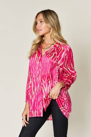 Double Take Full Size Printed Button Up Long Sleeve Shirt - 1985 the VAULT Boutique