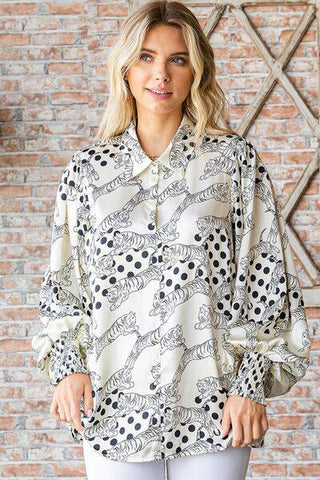 First Love Tiger Print Collared Neck Long Sleeve Satin Shirt - 1985 the VAULT Boutique