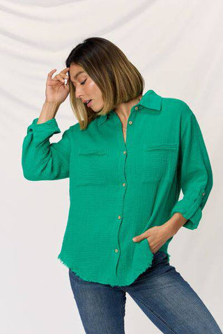 Zenana Texture Button Up Raw Hem Long Sleeve Shirt - 1985 the VAULT Boutique