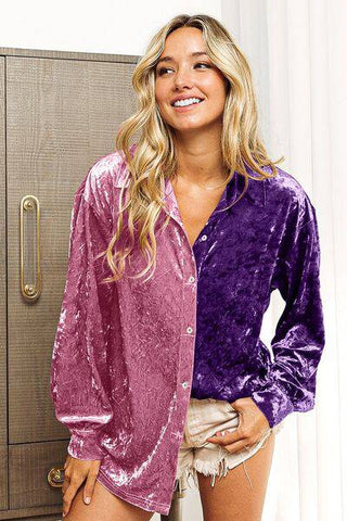 BiBi Contrast Button Up Long Sleeve Shirt - 1985 the VAULT Boutique