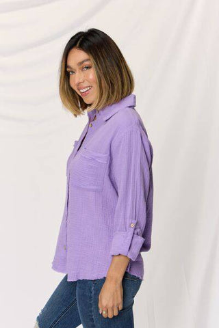 Zenana Texture Button Up Raw Hem Long Sleeve Shirt - 1985 the VAULT Boutique