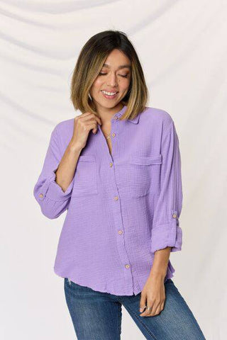 Zenana Texture Button Up Raw Hem Long Sleeve Shirt - 1985 the VAULT Boutique