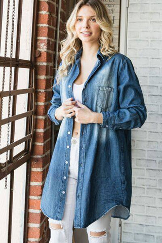 Veveret Pocketed Button Up Washed Denim Shirt - 1985 the VAULT Boutique