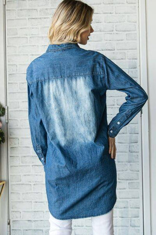 Veveret Pocketed Button Up Washed Denim Shirt - 1985 the VAULT Boutique