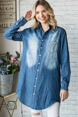 Veveret Pocketed Button Up Washed Denim Shirt - 1985 the VAULT Boutique