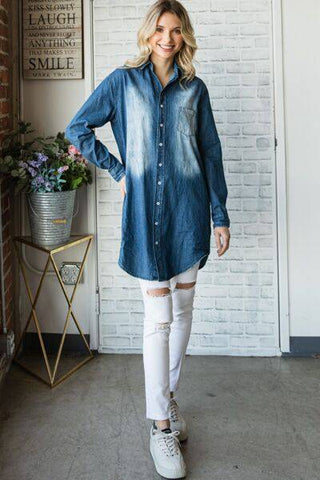 Veveret Pocketed Button Up Washed Denim Shirt - 1985 the VAULT Boutique