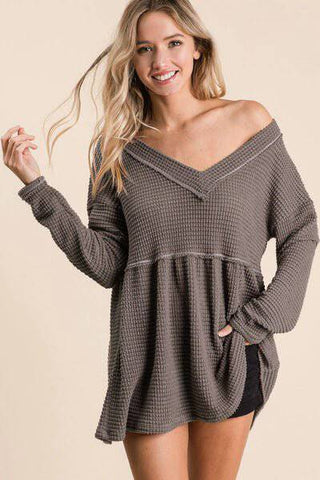 BiBi Waffle Knit V-Neck Babydoll Blouse - 1985 the VAULT Boutique