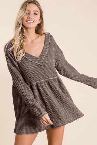 BiBi Waffle Knit V-Neck Babydoll Blouse - 1985 the VAULT Boutique